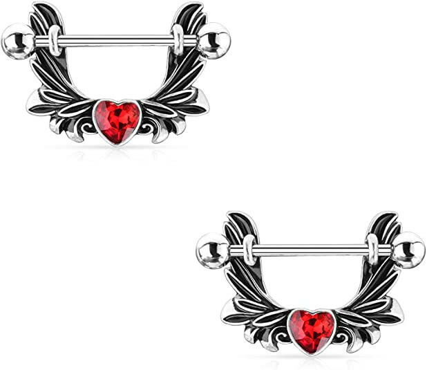 Surgical Steel Angel Wings With Heart-Centered Crystal Nipple Shield Rings Nipple Ring Impulse Piercings Red