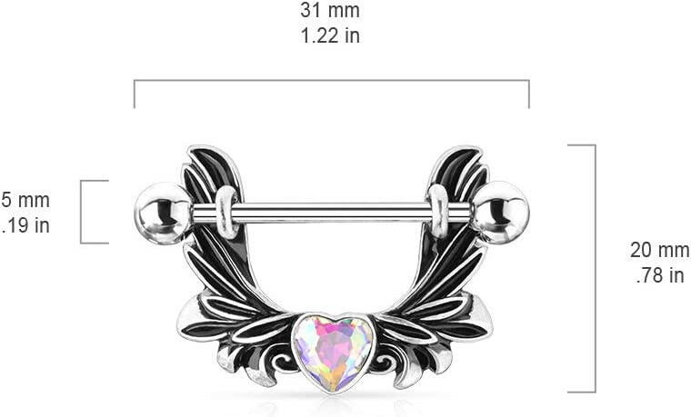 Surgical Steel Angel Wings With Heart-Centered Crystal Nipple Shield Rings Nipple Ring Impulse Piercings