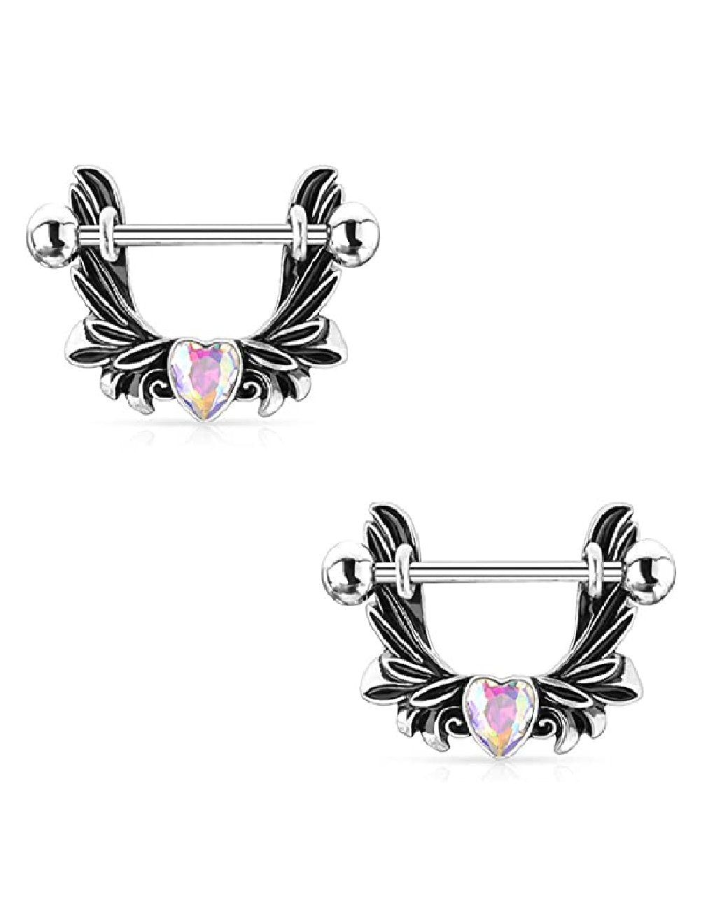 Surgical Steel Angel Wings With Heart-Centered Crystal Nipple Shield Rings Nipple Ring Impulse Piercings Aurora Borealis