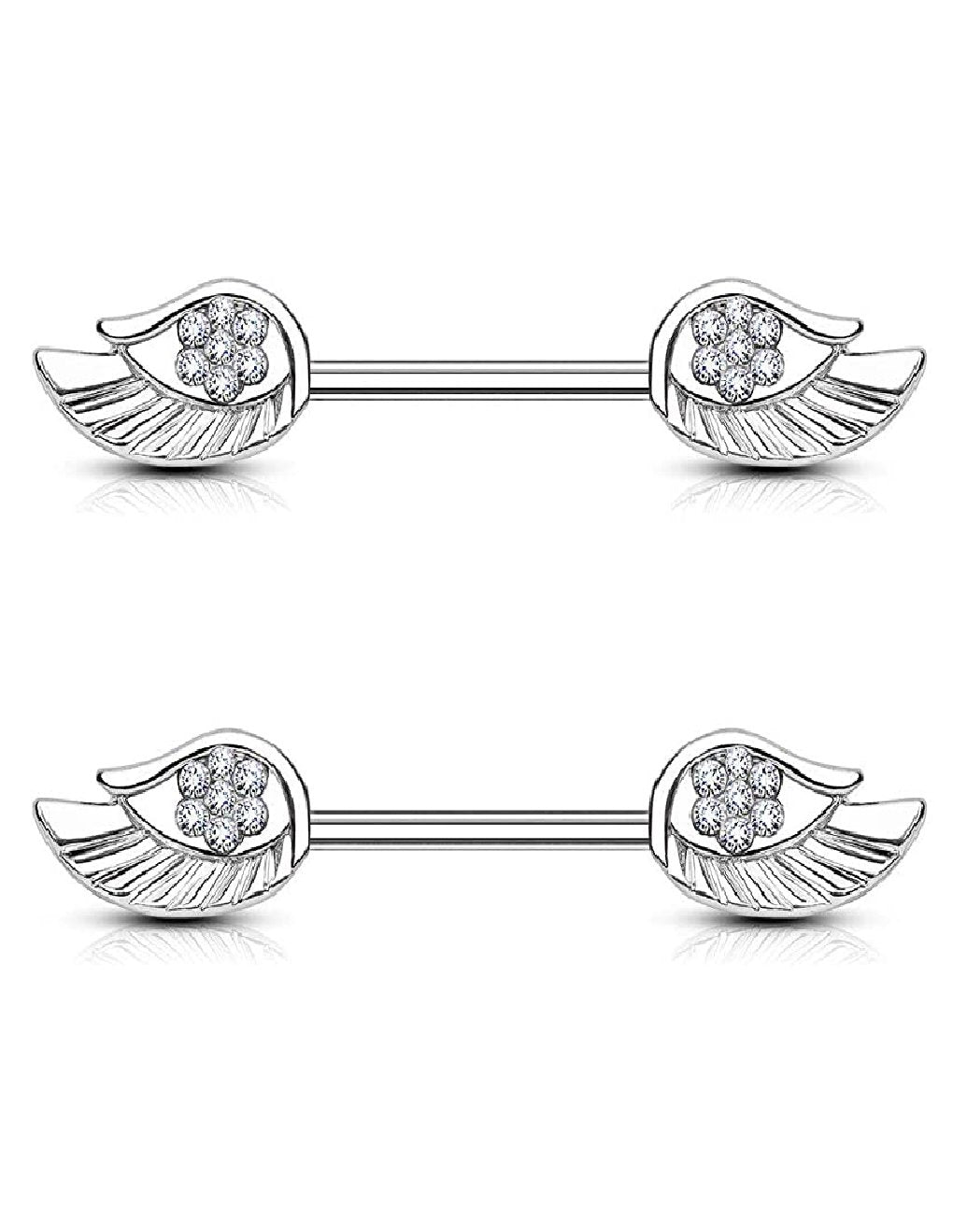 Surgical Steel Angel Wings with Paved CZ Nipple Barbell Rings Nipple Ring Impulse Piercings Clear