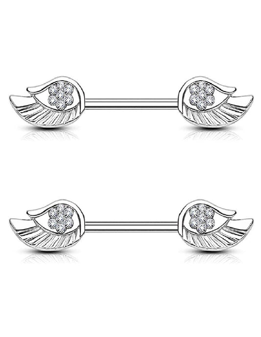 Surgical Steel Angel Wings with Paved CZ Nipple Barbell Rings Nipple Ring Impulse Piercings Clear