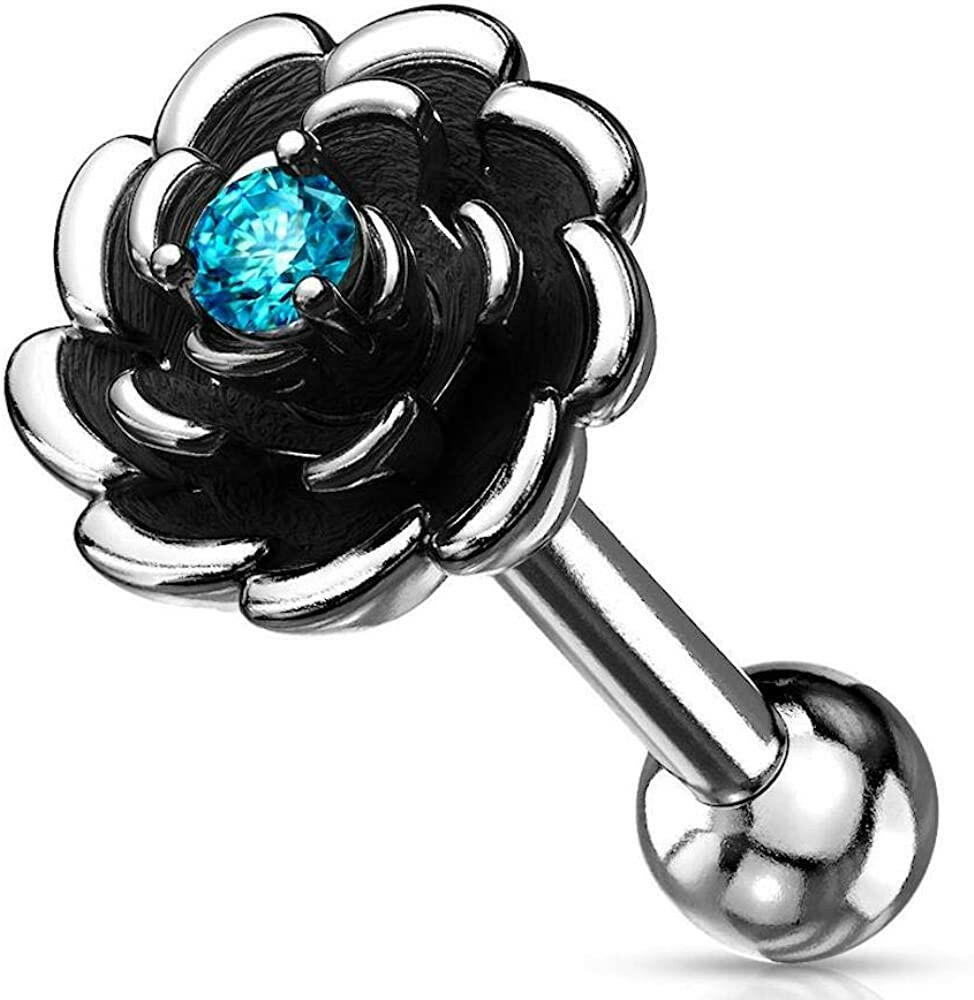 Surgical Steel Antique Silver Plated Flower with CZ Center Cartilage Tragus Barbell Studs Cartilage Impulse Piercings Aqua