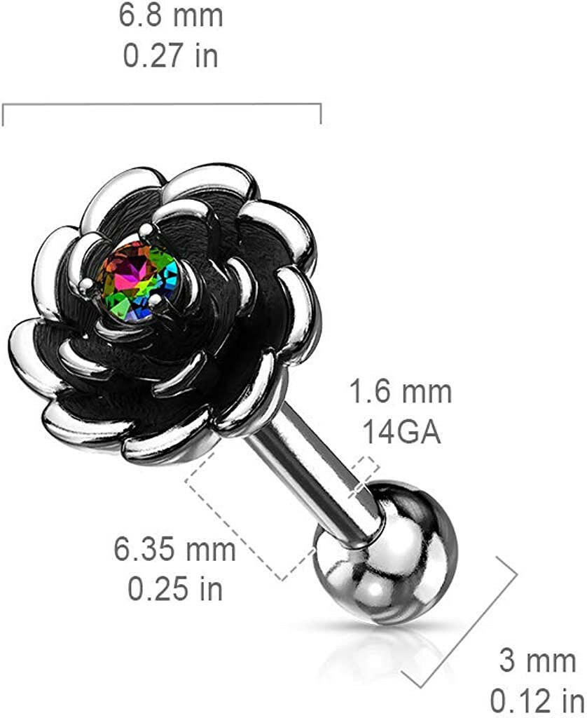 Surgical Steel Antique Silver Plated Flower with CZ Center Cartilage Tragus Barbell Studs Cartilage Impulse Piercings