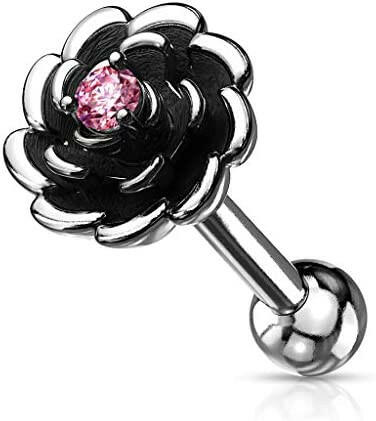 Surgical Steel Antique Silver Plated Flower with CZ Center Cartilage Tragus Barbell Studs Cartilage Impulse Piercings Pink