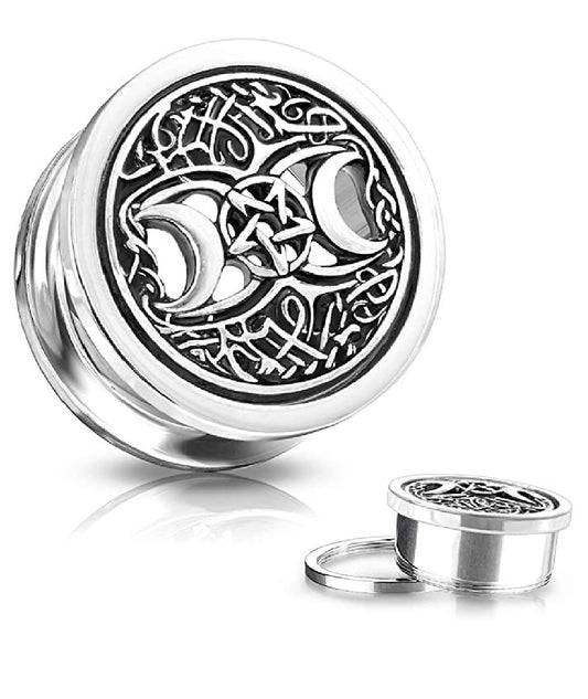 Surgical Steel Antique Silver Plated Two Crescent Moons and Star Center Screw Fit Flesh Tunnel Plugs Plugs Impulse Piercings 00GA (10mm)