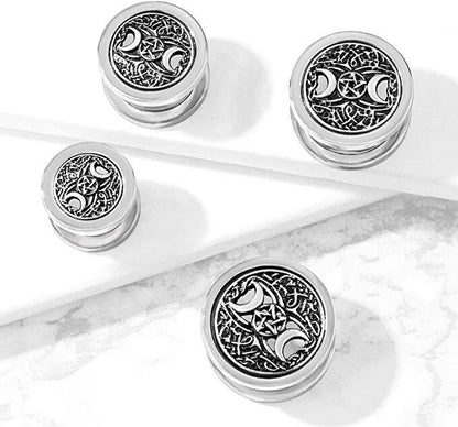 Surgical Steel Antique Silver Plated Two Crescent Moons and Star Center Screw Fit Flesh Tunnel Plugs Plugs Impulse Piercings