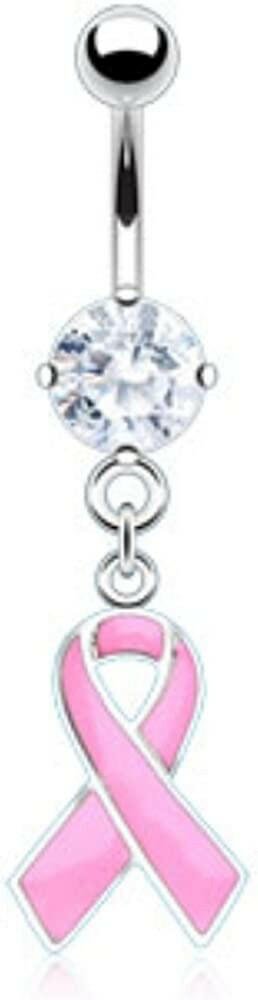 Surgical Steel Awareness Ribbons CZ Dangle Belly Navel Ring Navel Ring Impulse Piercings Clear