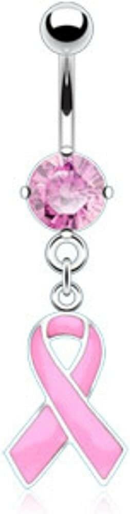 Surgical Steel Awareness Ribbons CZ Dangle Belly Navel Ring Navel Ring Impulse Piercings Pink