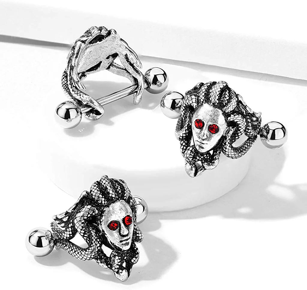 Surgical Steel Barbells Medusa with Red Crystal Eyes Ear Cartilage Helix Cuff Cartilage Earring Impulse Piercings