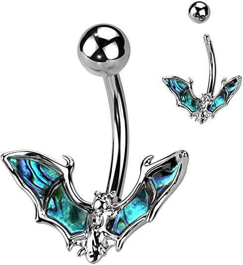 Surgical Steel Bat with Abalone Shell and Wings Belly Navel Ring Navel Ring Impulse Piercings Silver