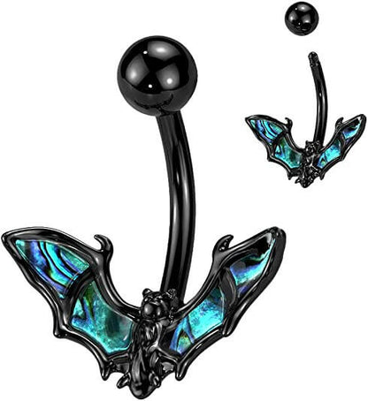 Surgical Steel Bat with Abalone Shell and Wings Belly Navel Ring Navel Ring Impulse Piercings Black