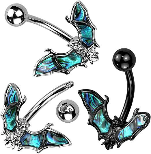 Surgical Steel Bat with Abalone Shell and Wings Belly Navel Ring Navel Ring Impulse Piercings