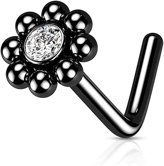 Surgical Steel Beaded Ball Edge with CZ Center Top L Shaped Nose Ring Nose Ring Impulse Piercings 20GA Length: 6mm Black