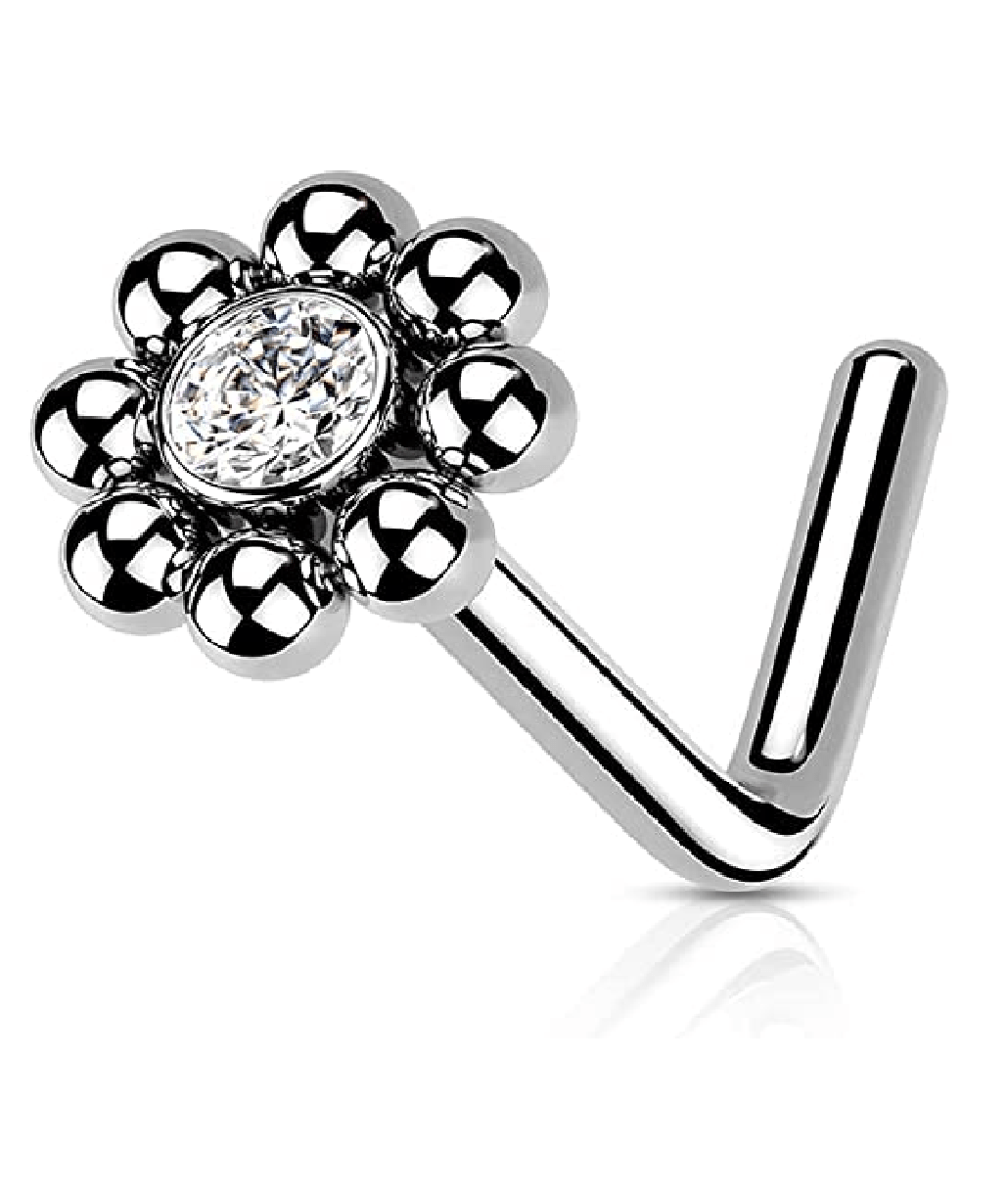 Surgical Steel Beaded Ball Edge with CZ Center Top L Shaped Nose Ring Nose Ring Impulse Piercings 20GA Length: 6mm Clear