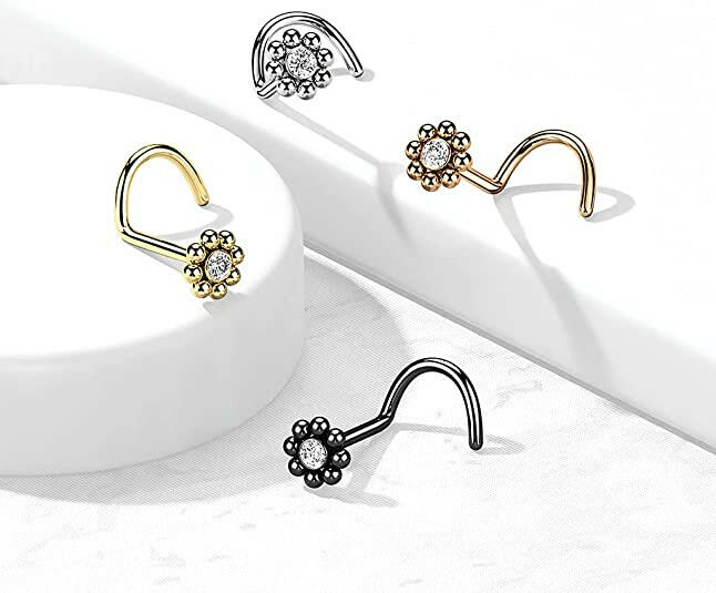 Surgical Steel Beaded Ball Edge with CZ Center Top Nose Screw Rings Nose Ring Impulse Piercings