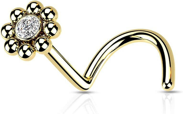 Surgical Steel Beaded Ball Edge with CZ Center Top Nose Screw Rings Nose Ring Impulse Piercings 20GA Length: 6mm Gold