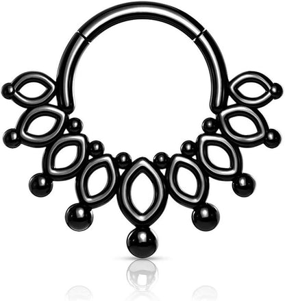 Surgical Steel Beaded End Crown Hinged Segment Hoop Ring Nose Ring, cartilage ring Impulse Piercings Black