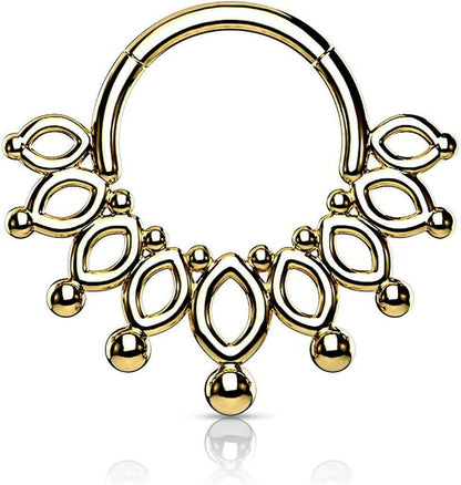 Surgical Steel Beaded End Crown Hinged Segment Hoop Ring Nose Ring, cartilage ring Impulse Piercings Gold