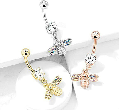 Surgical Steel Bee with AB Crystal Paved Wings Dangle Double Jeweled Belly Navel Ring Navel Ring Impulse Piercings