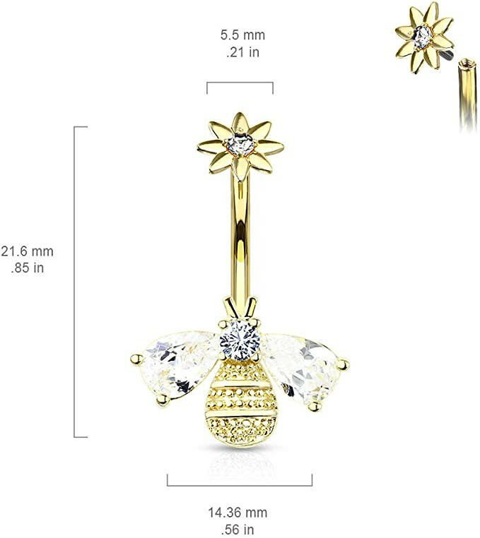 Surgical Steel Bee with CZ Wings and Face with CZ Center Flower Top Belly Navel Ring Navel Ring Impulse Piercings