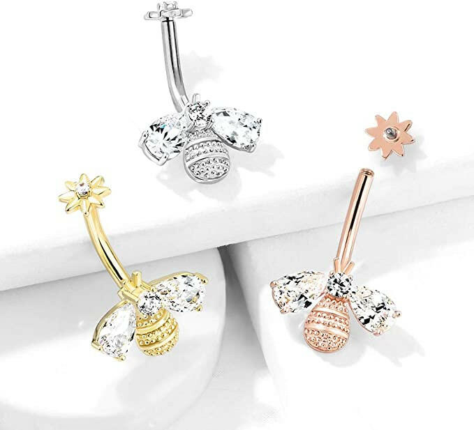 Surgical Steel Bee with CZ Wings and Face with CZ Center Flower Top Belly Navel Ring Navel Ring Impulse Piercings