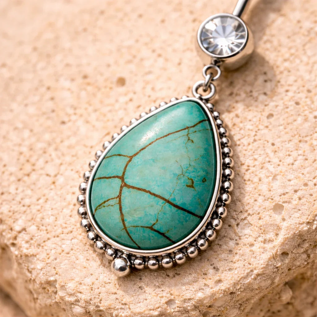 Surgical Steel Belly Button Navel Ring with Large Turquoise Dangle Belly Button Ring Skin Metals