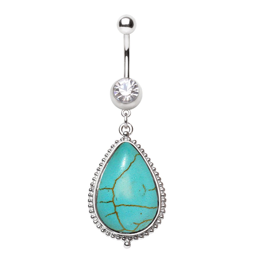 Surgical Steel Belly Button Navel Ring with Large Turquoise Dangle - Skin Metals