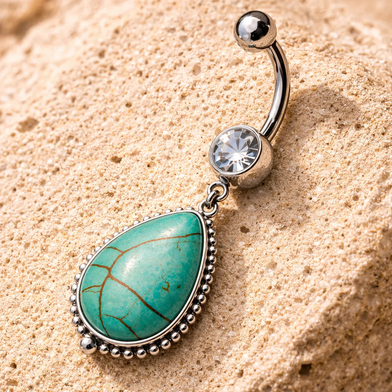 Surgical Steel Belly Button Navel Ring with Large Turquoise Dangle Belly Button Ring Skin Metals