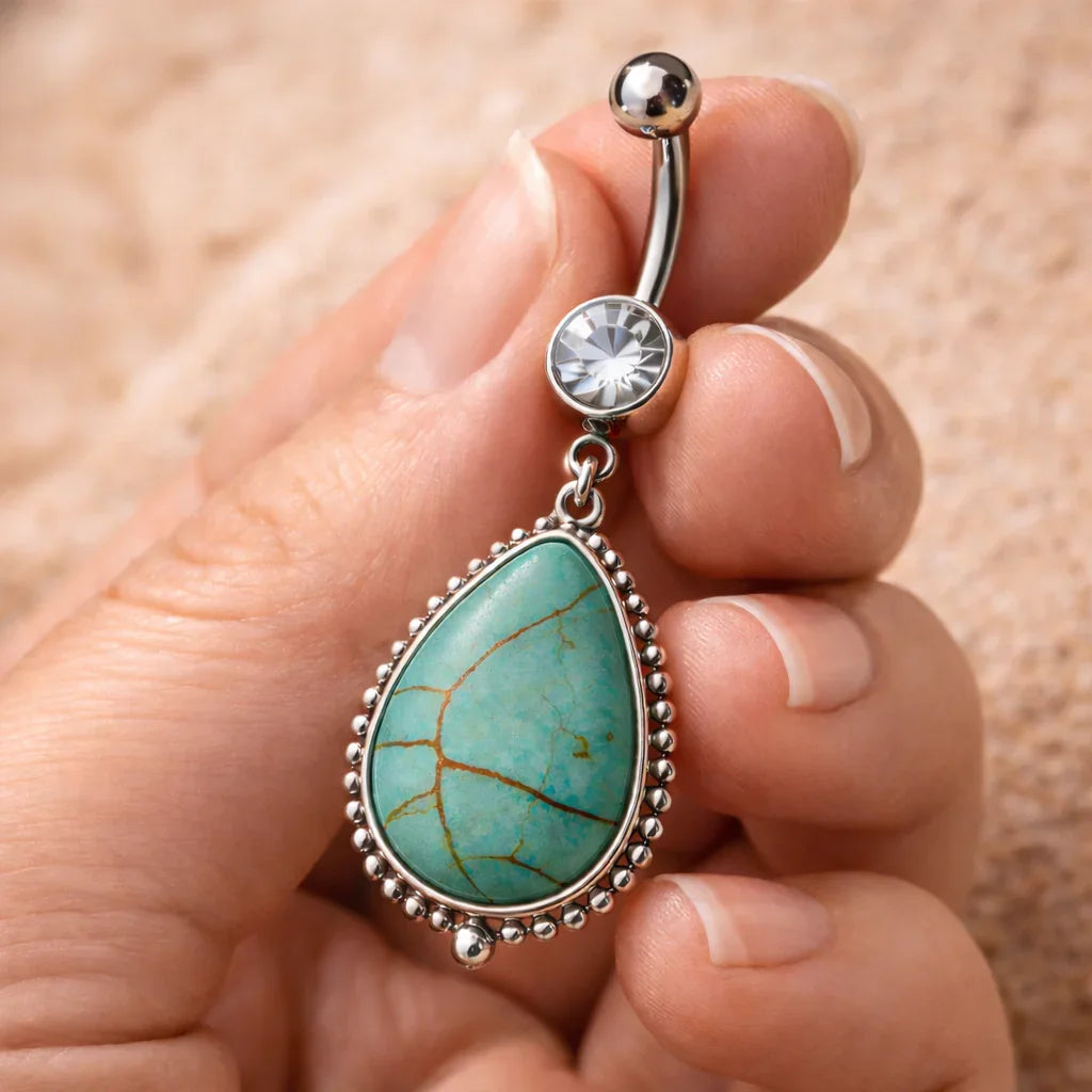 Surgical Steel Belly Button Navel Ring with Large Turquoise Dangle Belly Button Ring Skin Metals