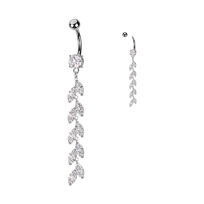 Surgical Steel Double Jeweled Belly Button Ring With Vertical Drop Marquise CZ Petals Navel Rings Skin Metals