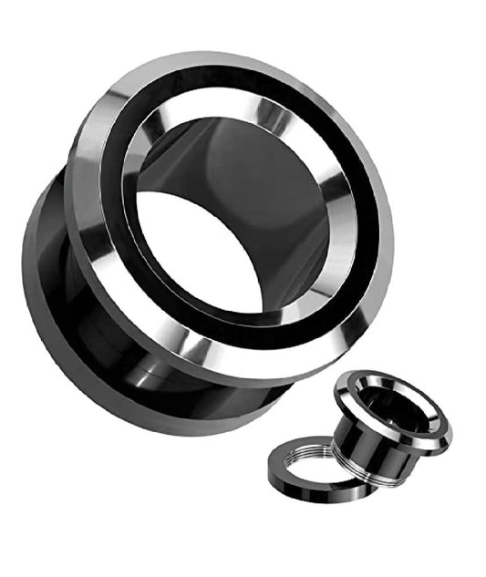 Surgical Steel Black and Silver 2-Tone Rim Screw Fit Tunnel Plugs Impulse Piercings 0GA (8mm)