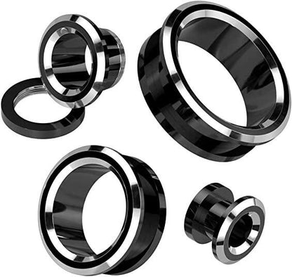 Surgical Steel Black and Silver 2-Tone Rim Screw Fit Tunnel Plugs Impulse Piercings