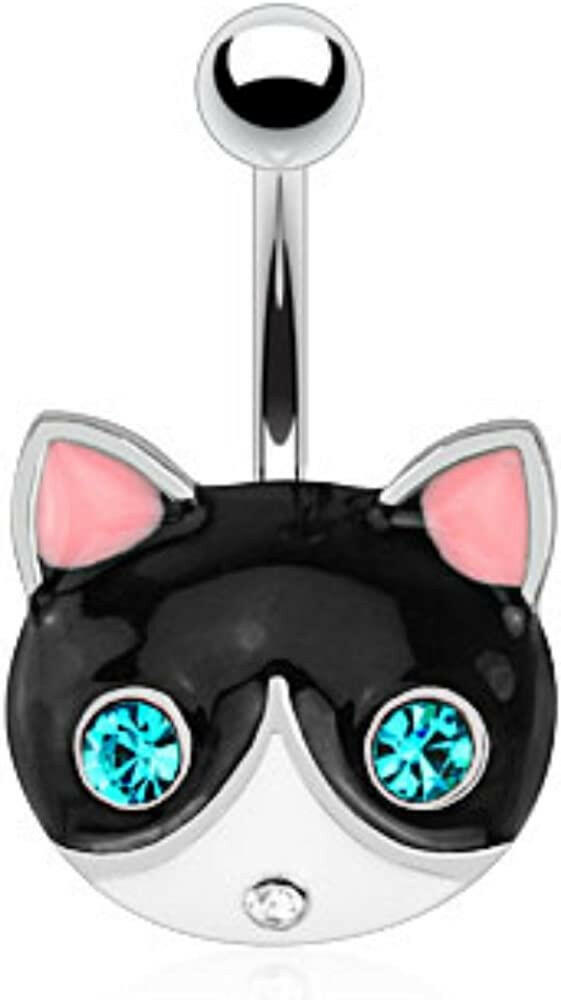 Surgical Steel Black Cat Face With Emerald Gemmed Eyes Belly Navel Ring Navel Ring Impulse Piercings