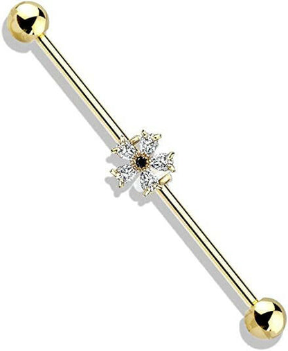 Surgical Steel Black CZ Centered Five Pear CZ Flower Industrial Barbell Industrial Barbell Impulse Piercings Gold