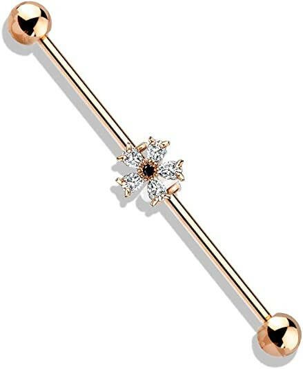 Surgical Steel Black CZ Centered Five Pear CZ Flower Industrial Barbell Industrial Barbell Impulse Piercings Rose Gold