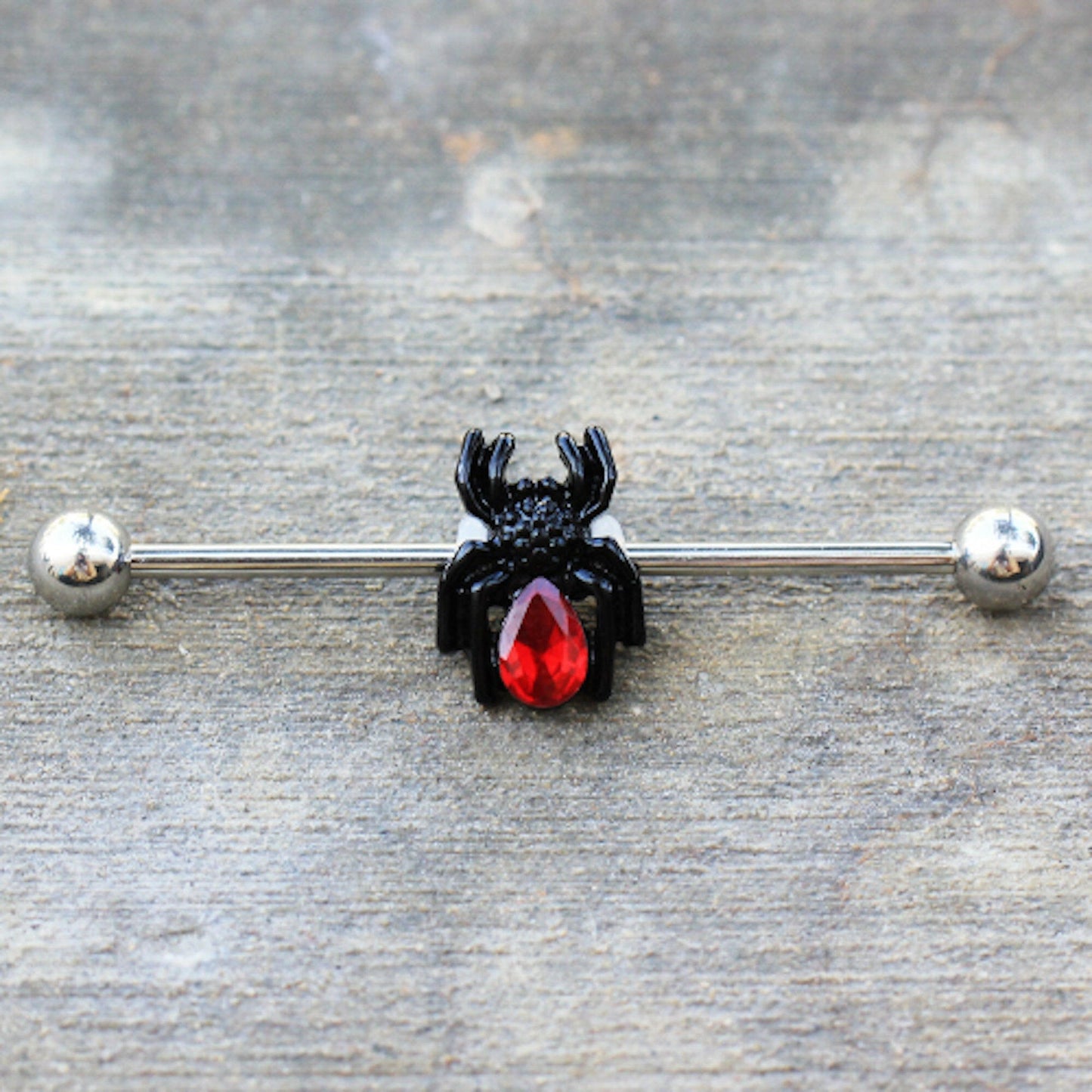 Surgical Steel Black Spider with Red CZ Industrial Barbell Industrial Barbell Impulse Piercings