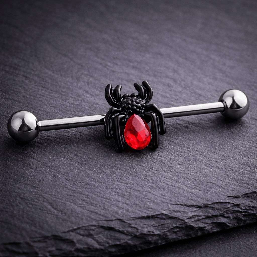 Surgical Steel Black Spider with Red CZ Industrial Barbell Industrial Barbell Impulse Piercings