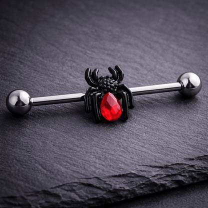 Surgical Steel Black Spider with Red CZ Industrial Barbell Industrial Barbell Impulse Piercings