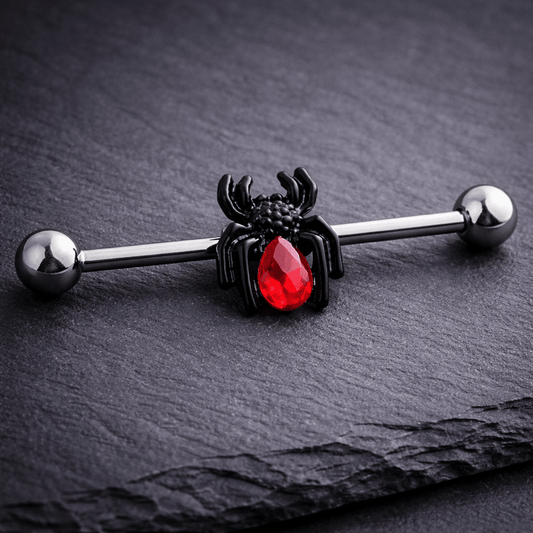 Surgical Steel Black Spider with Red CZ Industrial Barbell Industrial Barbell Impulse Piercings