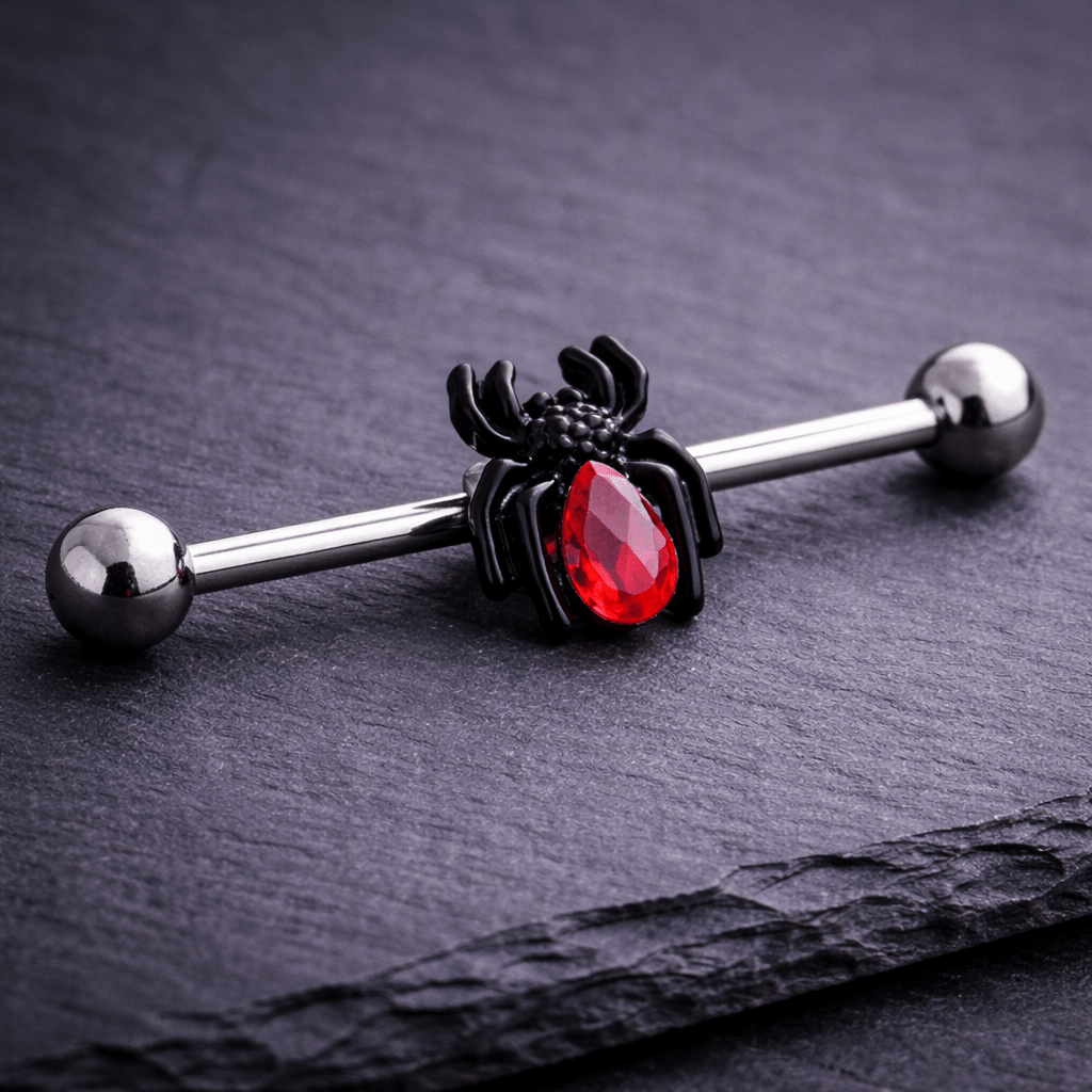 Surgical Steel Black Spider with Red CZ Industrial Barbell Industrial Barbell Impulse Piercings