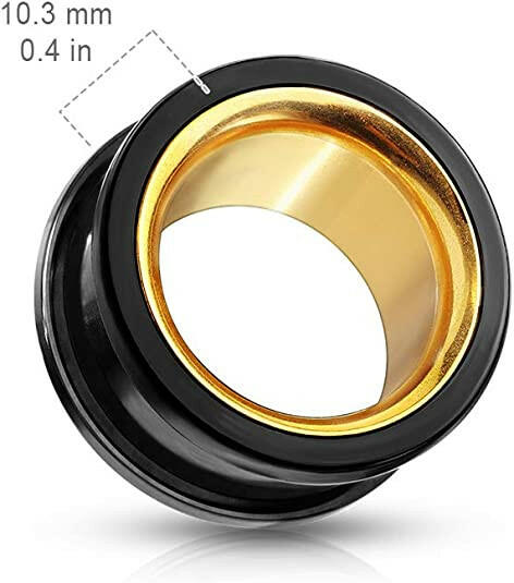 Surgical Steel Black With Gold Interior Screw Fit Double Flared Tunnels Plugs Impulse Piercings