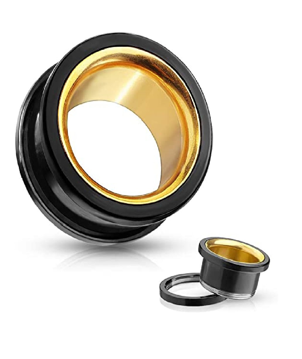 Surgical Steel Black With Gold Interior Screw Fit Double Flared Tunnels Plugs Impulse Piercings 2GA (6mm)