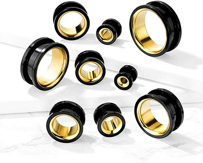 Surgical Steel Black With Gold Interior Screw Fit Double Flared Tunnels Plugs Impulse Piercings