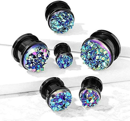 Surgical Steel Blue Druzy Stone Front Black Screw Fit Flesh Tunnel Plugs Plugs Impulse Piercings