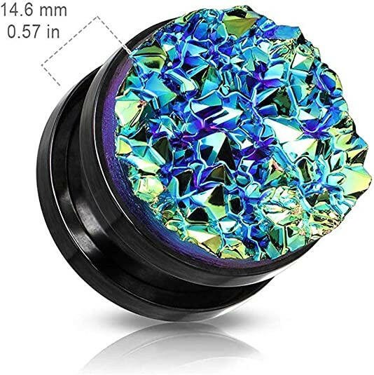 Surgical Steel Blue Druzy Stone Front Black Screw Fit Flesh Tunnel Plugs Plugs Impulse Piercings