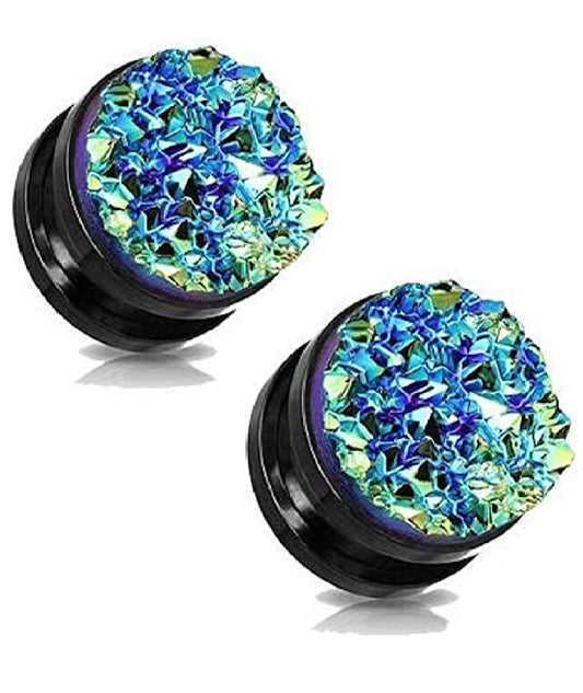 Surgical Steel Blue Druzy Stone Front Black Screw Fit Flesh Tunnel Plugs Plugs Impulse Piercings 2GA (6mm) Black