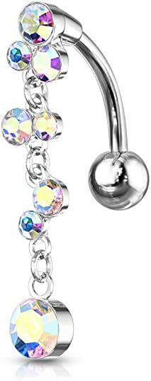 Surgical Steel Cascading Crystal Bubbles With Dangle Top Drop Belly Navel Ring Navel Ring Impulse Piercings Aurora Borealis