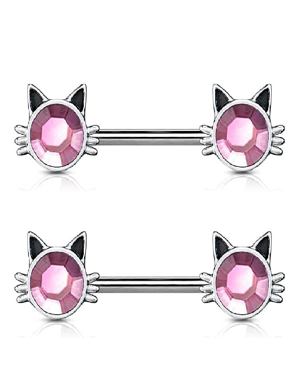 Surgical Steel Cat with Pink Stone Ends Nipple Barbell Rings Nipple Ring Impulse Piercings