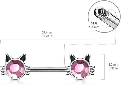 Surgical Steel Cat with Pink Stone Ends Nipple Barbell Rings Nipple Ring Impulse Piercings