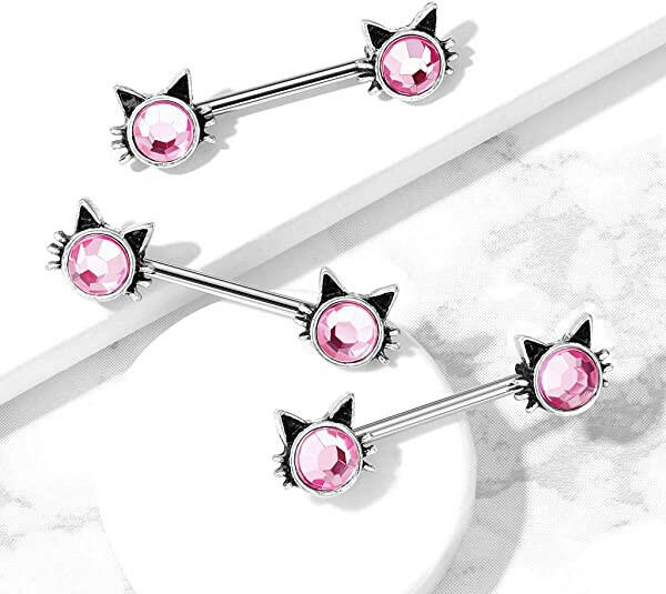 Surgical Steel Cat with Pink Stone Ends Nipple Barbell Rings Nipple Ring Impulse Piercings